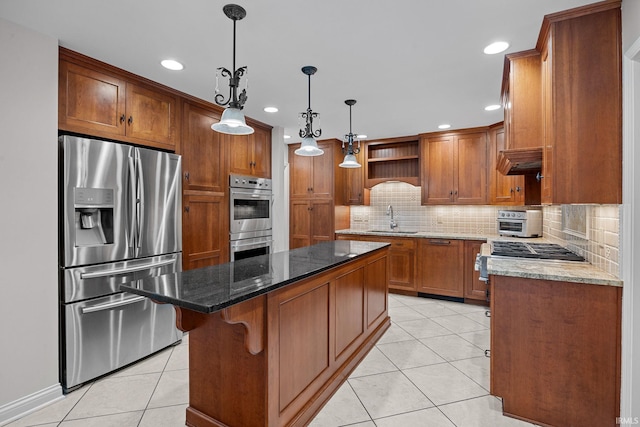 3726 Capilano Dr, West Lafayette, IN 47906 - kitchen featuring stainless steel appliances, light tile patterned floors, backsplash, open shelves, and dark stone counters
