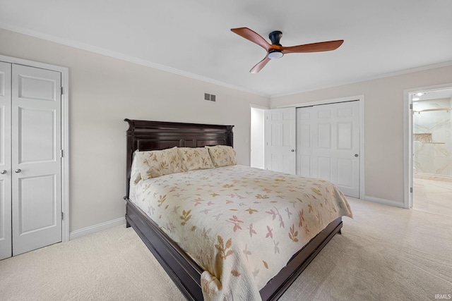 3726 Capilano Dr, West Lafayette, IN 47906 - bedroom featuring light carpet, crown molding, ceiling fan, and ensuite bath