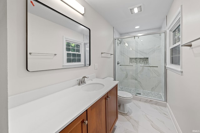 3726 Capilano Dr, West Lafayette, IN 47906 - full bathroom with vanity, a marble finish shower, marble finish flooring, and recessed lighting
