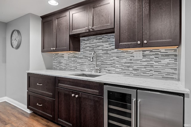3726 Capilano Dr, West Lafayette, IN 47906 - bar area featuring wine cooler, tasteful backsplash, dark wood-style floors, and recessed lighting