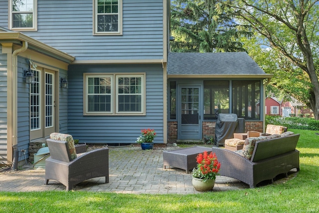 3726 Capilano Dr, West Lafayette, IN 47906 - rear view of house featuring a patio, a sunroom, and an outdoor hangout area