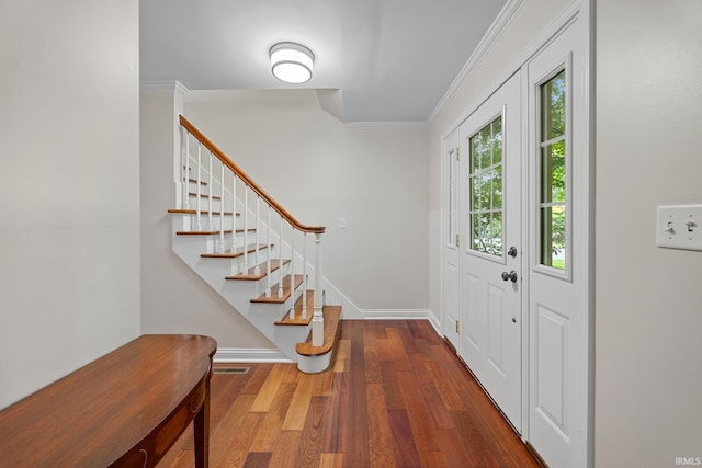 3726 Capilano Dr, West Lafayette, IN 47906 - foyer featuring ornamental molding, wood finished floors, and stairway