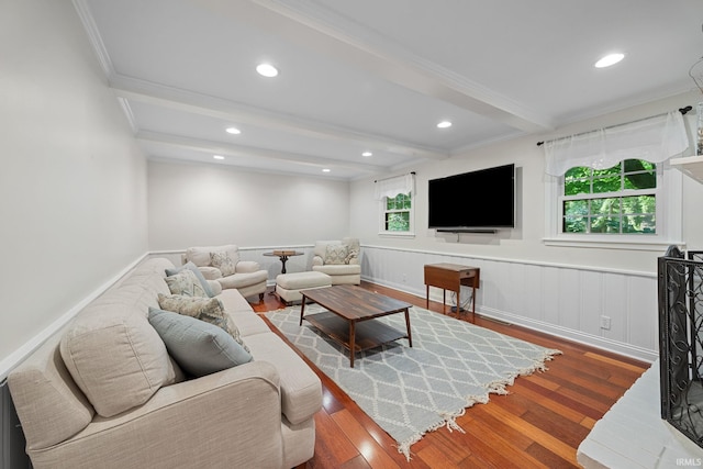 3726 Capilano Dr, West Lafayette, IN 47906 - living area featuring beamed ceiling, wood finished floors, ornamental molding, recessed lighting, and wainscoting