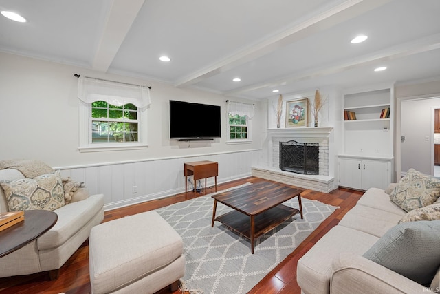 3726 Capilano Dr, West Lafayette, IN 47906 - living room with wood finished floors, beamed ceiling, a brick fireplace, recessed lighting, and ornamental molding