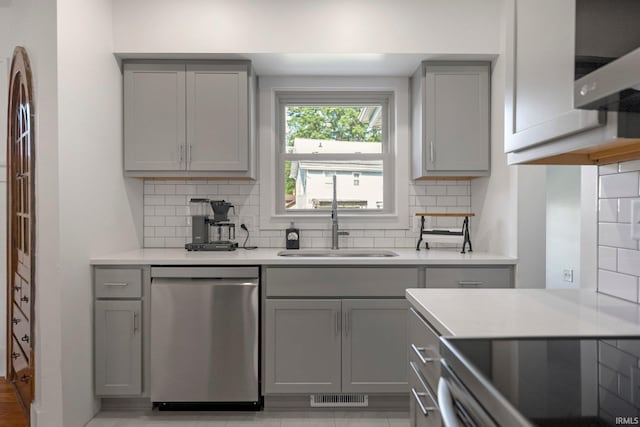 4230 Tacoma Ave, Fort Wayne, IN 46807 - kitchen featuring gray cabinets, stainless steel dishwasher, decorative backsplash, and light countertops