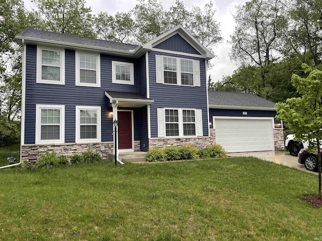 305 Hill Top Ct, New Carlisle, IN 46552 - view of front of property with stone siding, an attached garage, a front yard, and driveway
