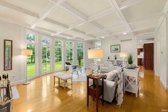 12217 Bay Heights Blvd, Grabill, IN 46741 - living area featuring wood finished floors, coffered ceiling, and beamed ceiling