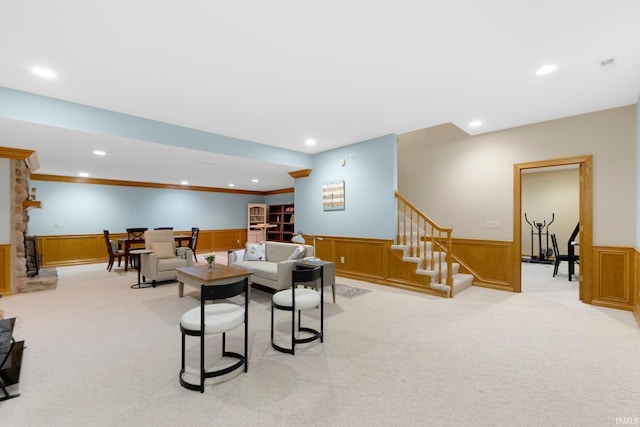 12217 Bay Heights Blvd, Grabill, IN 46741 - dining room featuring a wainscoted wall, light colored carpet, stairs, recessed lighting, and ornamental molding