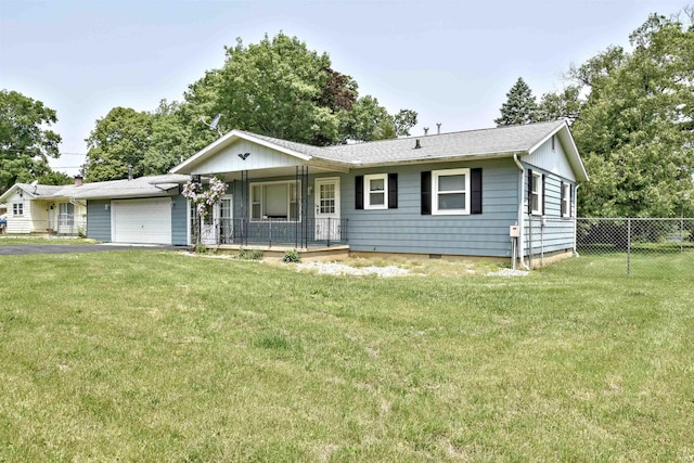 2885 E Bradford Ct, Monon, IN 47959 - ranch-style house with a porch, a garage, asphalt driveway, and crawl space