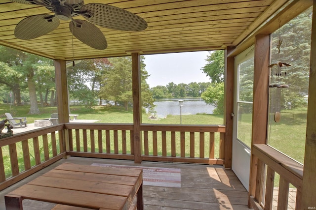 2885 E Bradford Ct, Monon, IN 47959 - unfurnished sunroom with a water view, a ceiling fan, and healthy amount of natural light