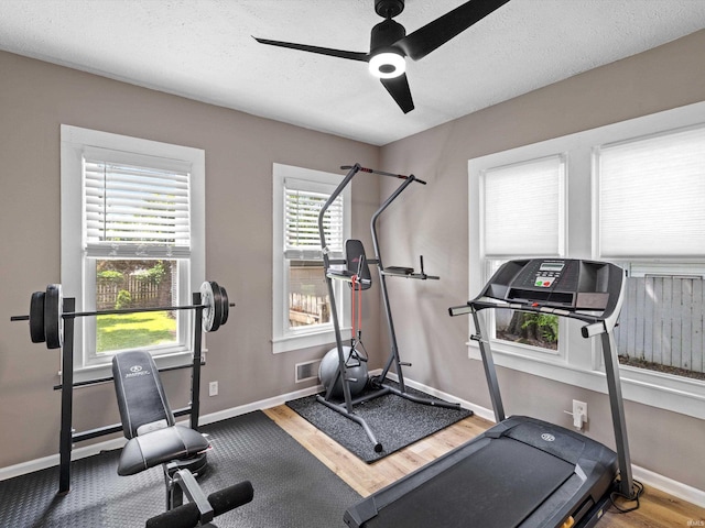 2015 E Blackford Ave, Evansville, IN 47714 - workout room featuring wood finished floors, a ceiling fan, and a textured ceiling