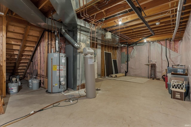 6615 Leeway Dr, South Bend, IN 46628 - unfinished basement with gas water heater, electric panel, and a water softener