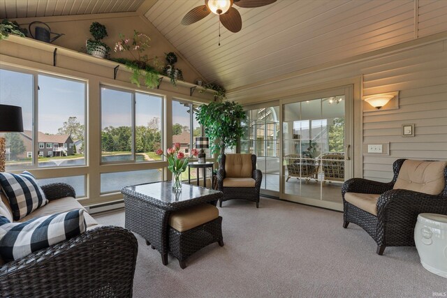 6615 Leeway Dr, South Bend, IN 46628 - sunroom / solarium featuring vaulted ceiling, carpet floors, ceiling fan, wood ceiling, and a baseboard radiator