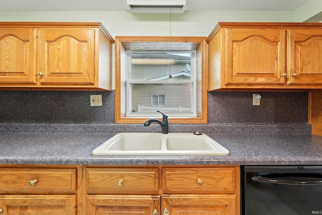 1385 S 460 E, Lagrange, IN 46761 - kitchen featuring black dishwasher, dark countertops, backsplash, a wall mounted AC, and brown cabinets