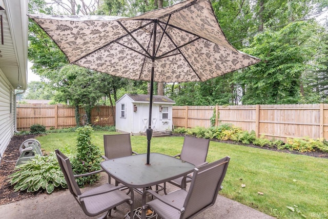 4525 W Middle Ct, Bloomington, IN 47403 - fenced backyard featuring outdoor dining space, a shed, and a patio
