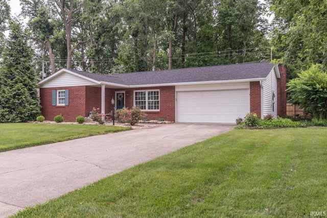 4525 W Middle Ct, Bloomington, IN 47403 - ranch-style home featuring brick siding, an attached garage, concrete driveway, a front lawn, and a chimney