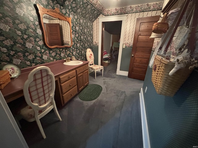 7614 N 100 W Rd, Uniondale, IN 46791 - bathroom featuring wallpapered walls and vanity