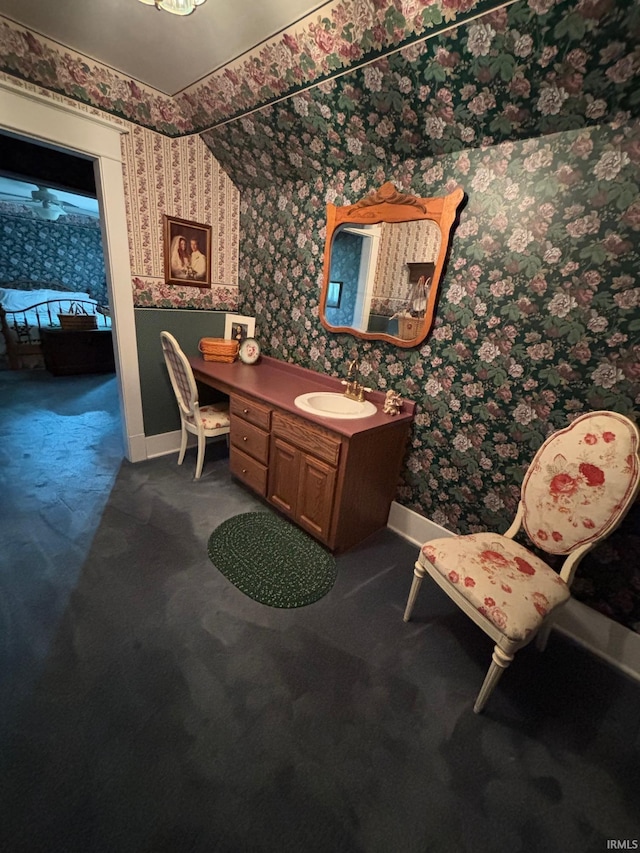 7614 N 100 W Rd, Uniondale, IN 46791 - bathroom with wallpapered walls and vanity