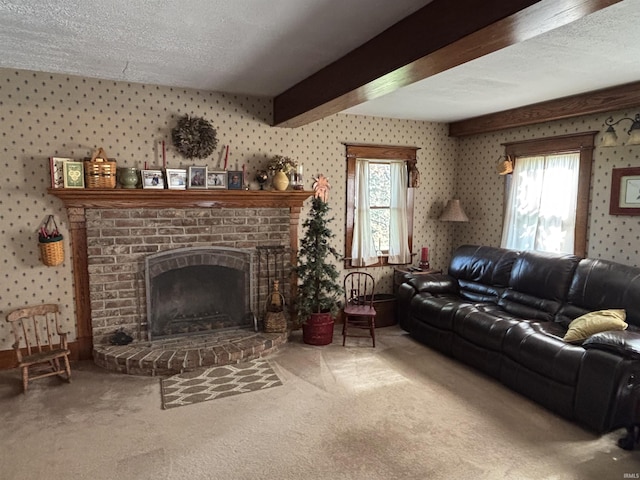 7614 N 100 W Rd, Uniondale, IN 46791 - living room featuring carpet, plenty of natural light, wallpapered walls, beam ceiling, and a fireplace
