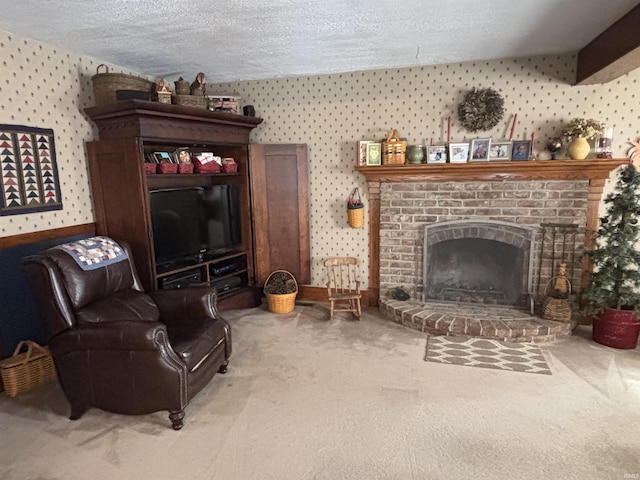 7614 N 100 W Rd, Uniondale, IN 46791 - carpeted living area featuring a textured ceiling, wallpapered walls, and a fireplace