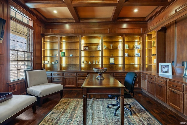 1130 Kingswood Rd, West Lafayette, IN 47906 - office with wood walls, dark wood finished floors, beamed ceiling, built in shelves, and recessed lighting