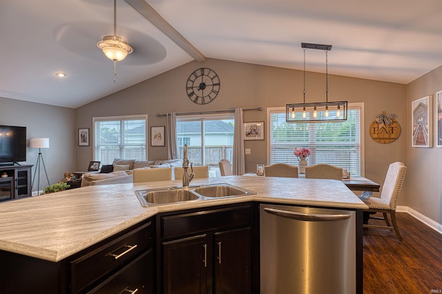 2407 Ellington Ridge Dr, Evansville, IN 47711 - kitchen with dishwasher, dark wood-style floors, open floor plan, light countertops, and a ceiling fan