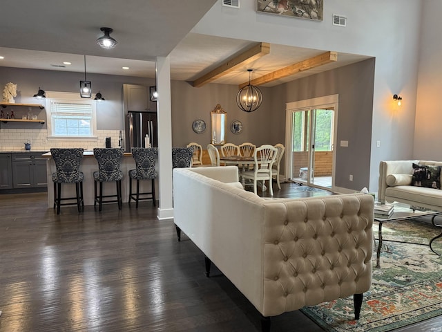 1285 E Zinnia Dr, Bloomington, IN 47401 - living room featuring healthy amount of natural light, dark wood-style floors, a chandelier, recessed lighting, and beam ceiling