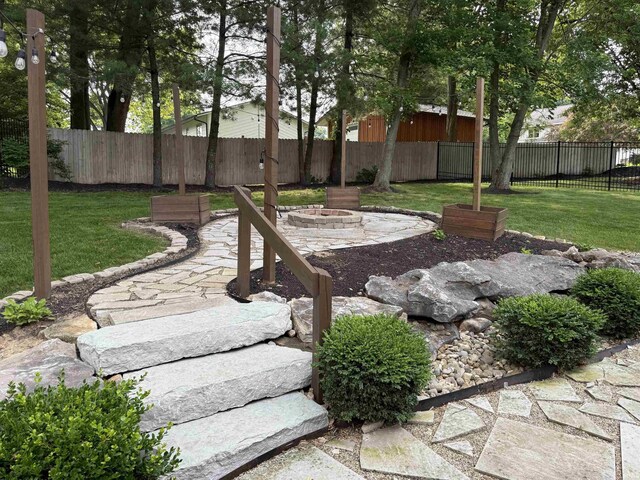 1285 E Zinnia Dr, Bloomington, IN 47401 - fenced backyard with an outdoor fire pit and a patio