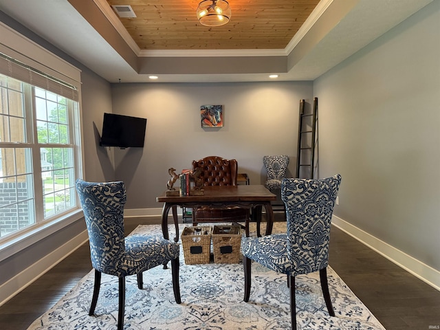 1285 E Zinnia Dr, Bloomington, IN 47401 - office area with a raised ceiling, crown molding, wood finished floors, wooden ceiling, and recessed lighting