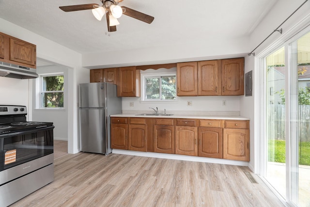 115 S 27th St, Lafayette, IN 47904 - kitchen featuring appliances with stainless steel finishes, under cabinet range hood, light countertops, and brown cabinetry