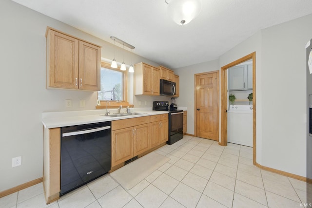 14628 Firethorne Path, Fort Wayne, IN 46814 - kitchen featuring black appliances, washer / dryer, light countertops, light tile patterned floors, and light brown cabinets