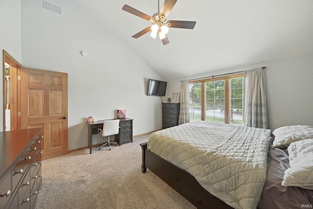 14628 Firethorne Path, Fort Wayne, IN 46814 - bedroom featuring carpet flooring, a desk, high vaulted ceiling, a ceiling fan, and access to exterior
