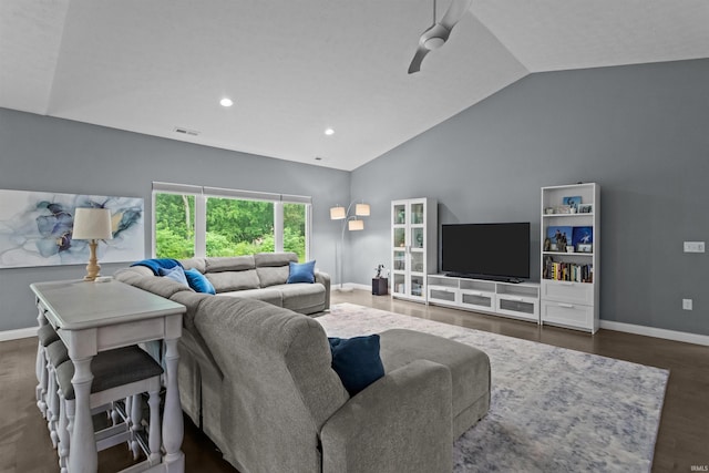 1014 Happy Hollow Rd, West Lafayette, IN 47906 - living room with vaulted ceiling, ceiling fan, recessed lighting, and wood finished floors