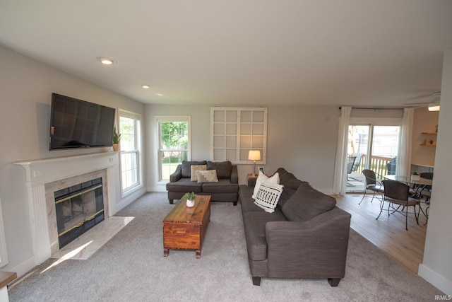 1914 Bayberry Ln, West Lafayette, IN 47906 - living room featuring a fireplace, carpet flooring, and recessed lighting