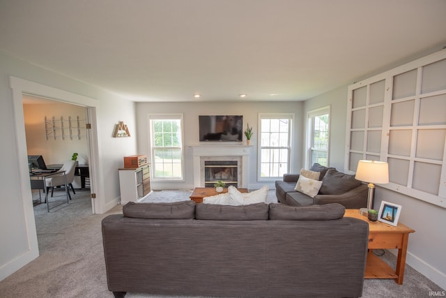 1914 Bayberry Ln, West Lafayette, IN 47906 - carpeted living room with an office area, a premium fireplace, and recessed lighting
