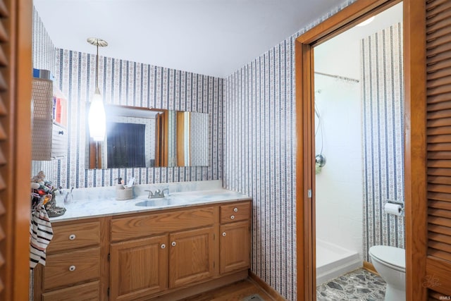 335 E State Road 58, Bedford, IN 47421 - bathroom with wallpapered walls, vanity, and a shower stall