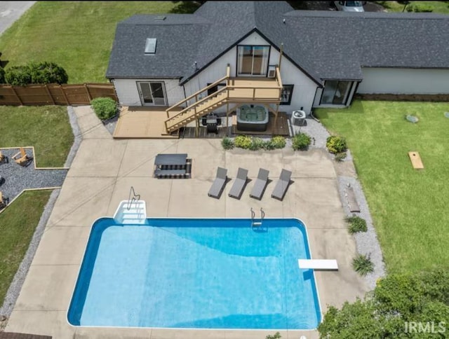 52354 Forestbrook Ave, South Bend, IN 46637 - swimming pool with a patio area, a diving board, a lawn, and a wooden deck
