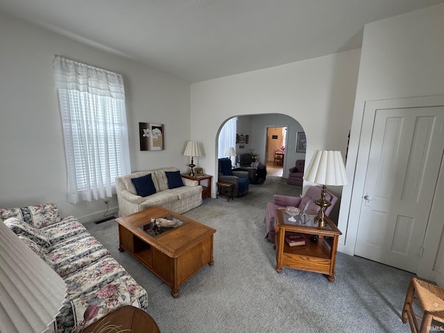 306 W Rochester St, Akron, IN 46910 - living room featuring carpet flooring and arched walkways