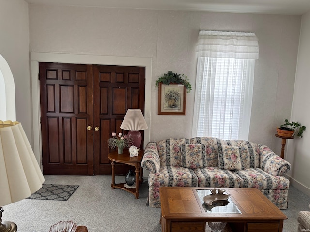 306 W Rochester St, Akron, IN 46910 - living area featuring carpet floors and arched walkways