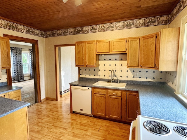 203 E Church St, Milroy, IN 46156 - kitchen with white appliances, wooden ceiling, light wood-style floors, tasteful backsplash, and dark countertops
