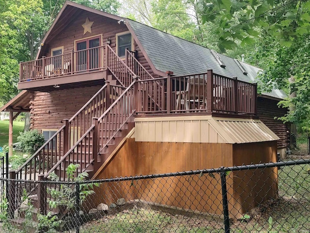 5775 N 175 W, Howe, IN 46746 - rear view of house with stairs, log siding, roof with shingles, and a gambrel roof
