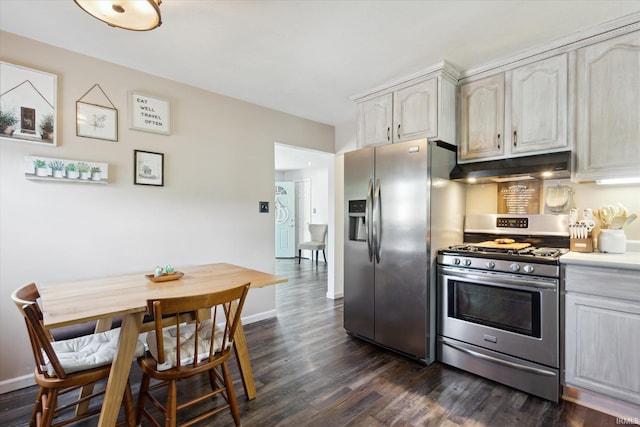 439E 17th St, Mishawaka, IN 46544 - kitchen with appliances with stainless steel finishes, under cabinet range hood, dark wood-type flooring, and light countertops