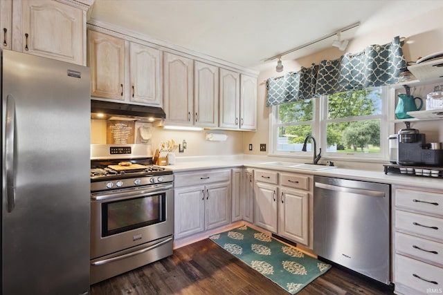 439E 17th St, Mishawaka, IN 46544 - kitchen featuring appliances with stainless steel finishes, under cabinet range hood, rail lighting, light countertops, and dark wood-type flooring