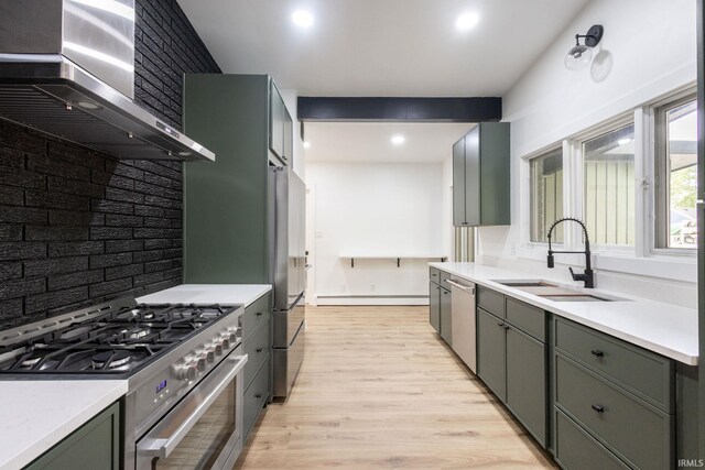 5228 N Lee Ct, South Bend, IN 46614 - kitchen featuring appliances with stainless steel finishes, wall chimney range hood, light wood-style flooring, light countertops, and decorative backsplash