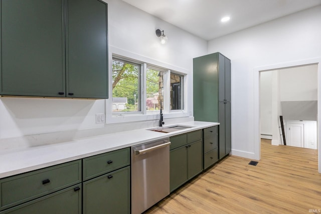 5228 N Lee Ct, South Bend, IN 46614 - kitchen featuring green cabinetry, stainless steel dishwasher, light wood-type flooring, light countertops, and recessed lighting