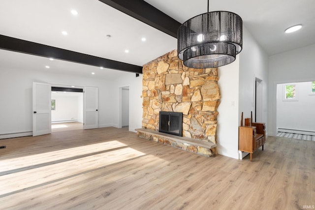 5228 N Lee Ct, South Bend, IN 46614 - unfurnished living room with a baseboard radiator, wood finished floors, a stone fireplace, and recessed lighting