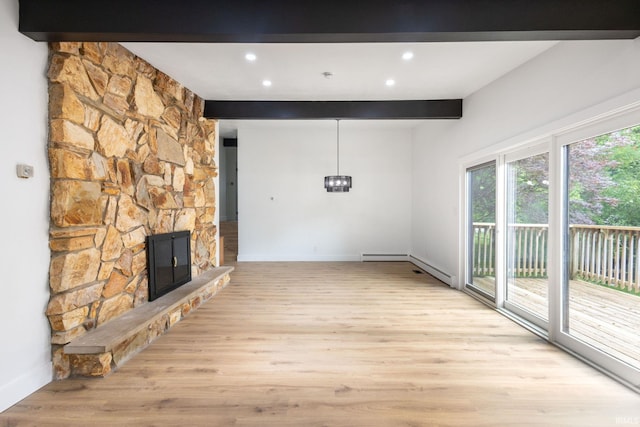 5228 N Lee Ct, South Bend, IN 46614 - unfurnished living room with beamed ceiling, a baseboard heating unit, light wood-type flooring, a fireplace, and recessed lighting