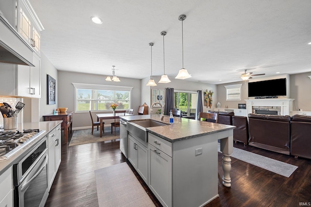 1869 Paloma Ct, Lafayette, IN 47909 - kitchen with extractor fan, stainless steel appliances, dark wood-style floors, a ceiling fan, and recessed lighting