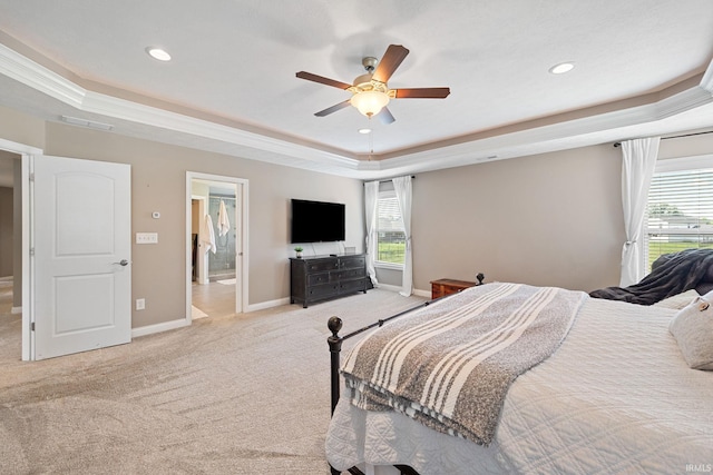 1869 Paloma Ct, Lafayette, IN 47909 - bedroom featuring a tray ceiling, multiple windows, light colored carpet, recessed lighting, and ceiling fan