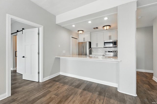 112 W Washington Blvd Unit 329, Fort Wayne, IN 46802 - kitchen featuring stainless steel appliances, dark wood-style flooring, decorative backsplash, a peninsula, and white cabinetry